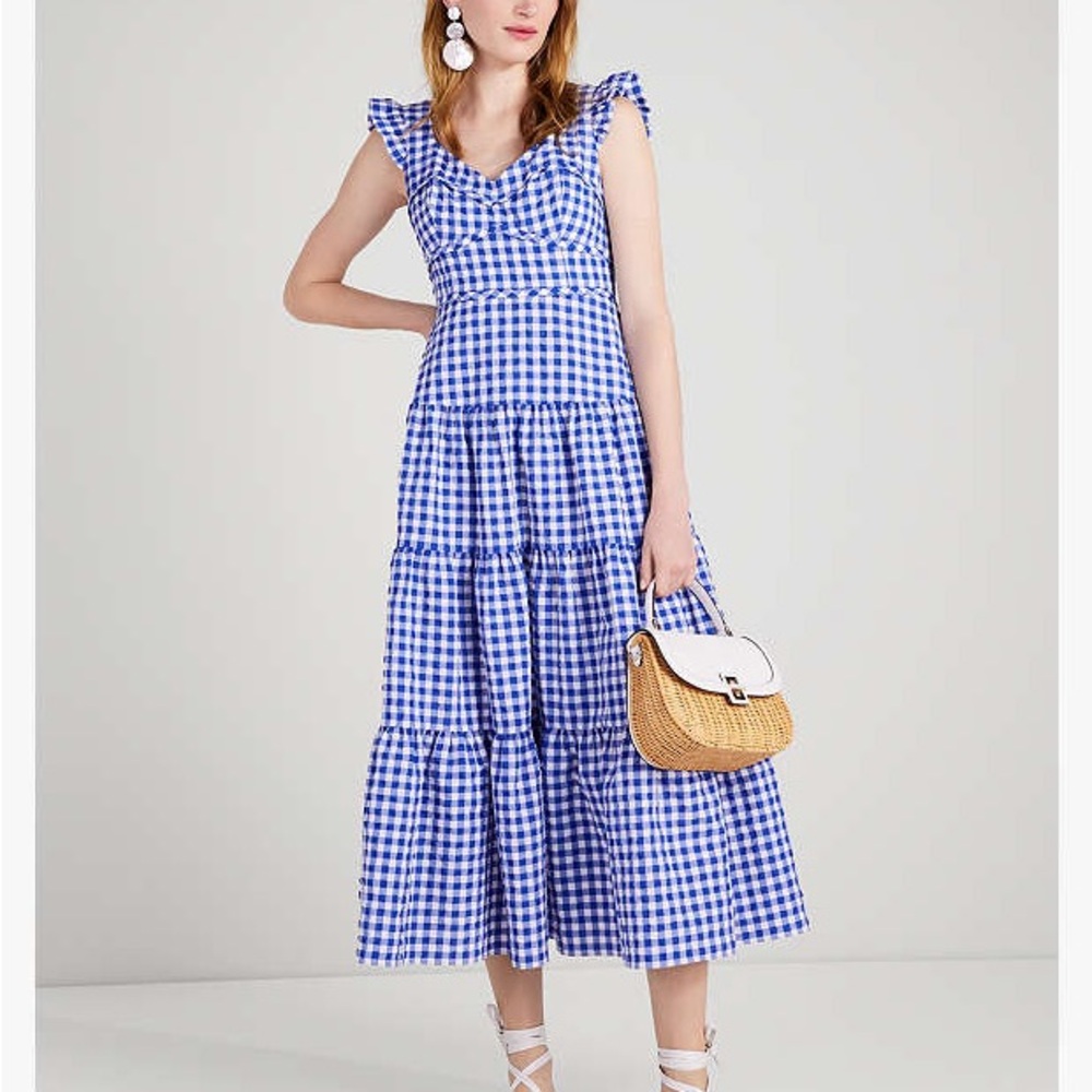 Kate Spade Blue and White Tiered Gingham Dress Size 6
